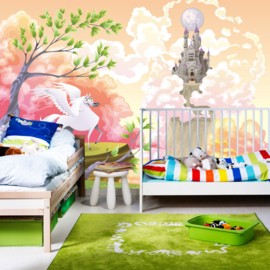 Fotobehang poster 0086 kinderkamer prinses meisje unicorn paard kasteel roze