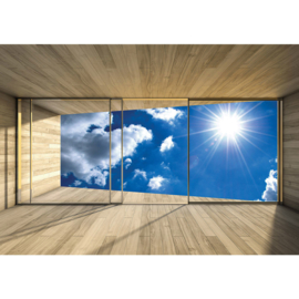 Fotobehang poster 1767 kamer raam zon wolken lucht hemel blauw