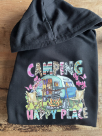 Camping sweater / hoodie zwart happy place