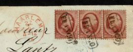 1866 5 in prachtstrip van 3 op couvert