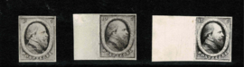 1864. Kleurproeven in Zwart 5, 10 en 15 cent (*)