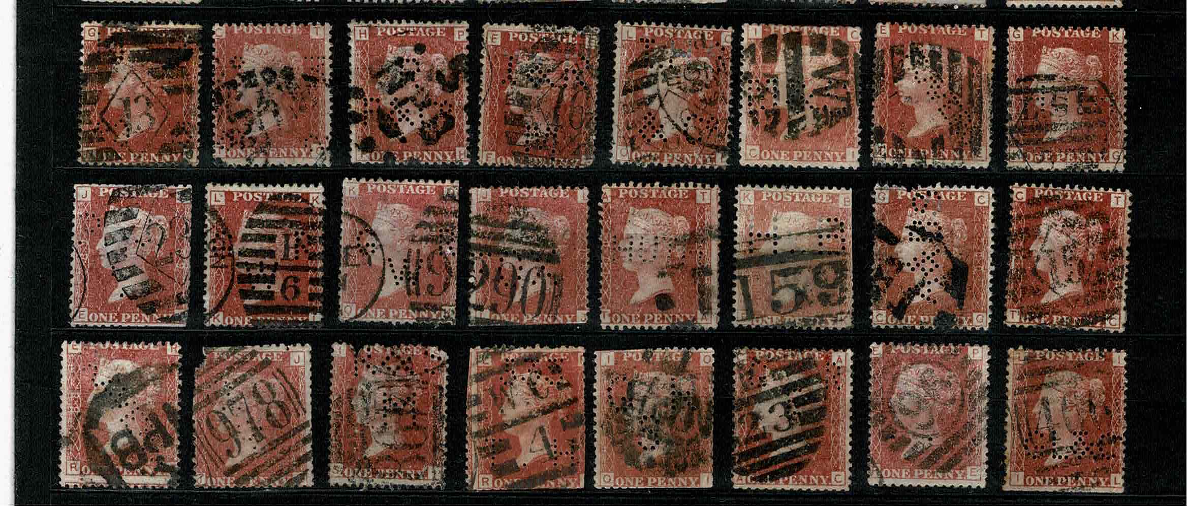 Engeland UK  Perfins firmaperforaties in One Penny Red Klassiek