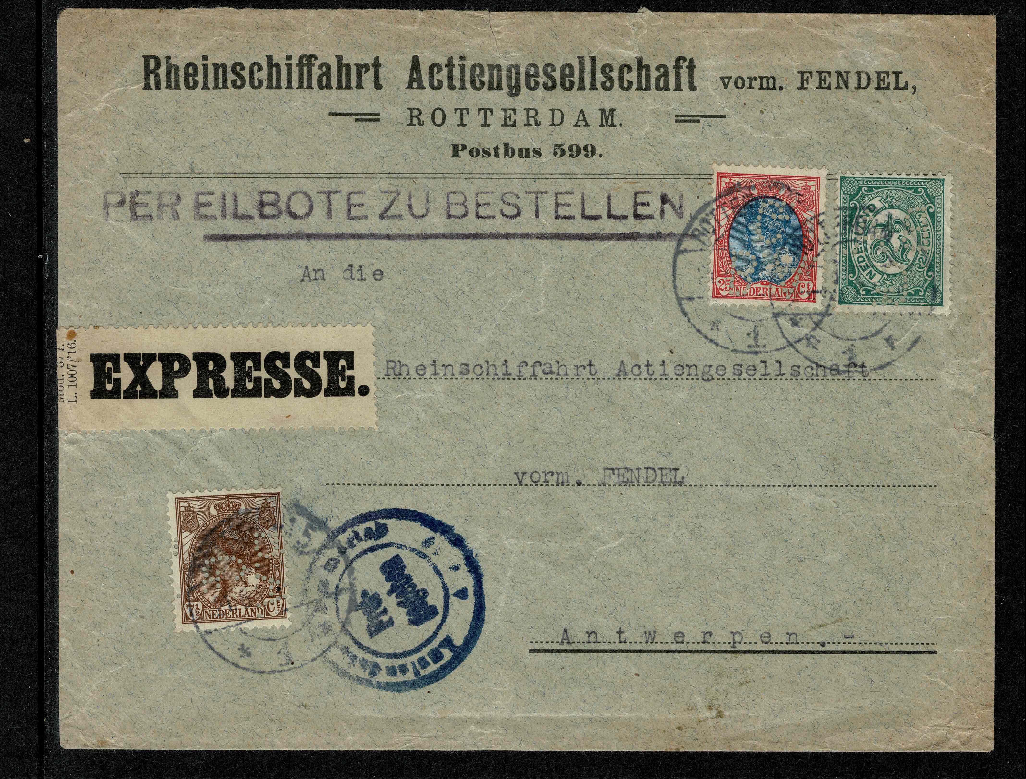 BAG Badische Action Gesellschaft. Expresse couvert met 3 kleurenfrankeribg.