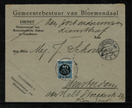 1926. Port 67 op dienstbrief van BLOEMENDAAL naar AMSTERDAM ✉️