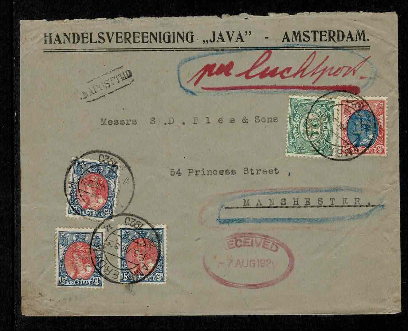H type 5 Handelsvereeniging "JAVA"  1920 Luchtpost cover naar UK