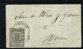 14A. ✉︎ 1 ct. zwart op minibriefje met inhoud naar Hoorn. Franco-takje FRANEKER 6 mei 1869