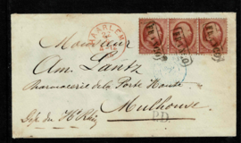 1866 5 in prachtstrip van 3 op couvert
