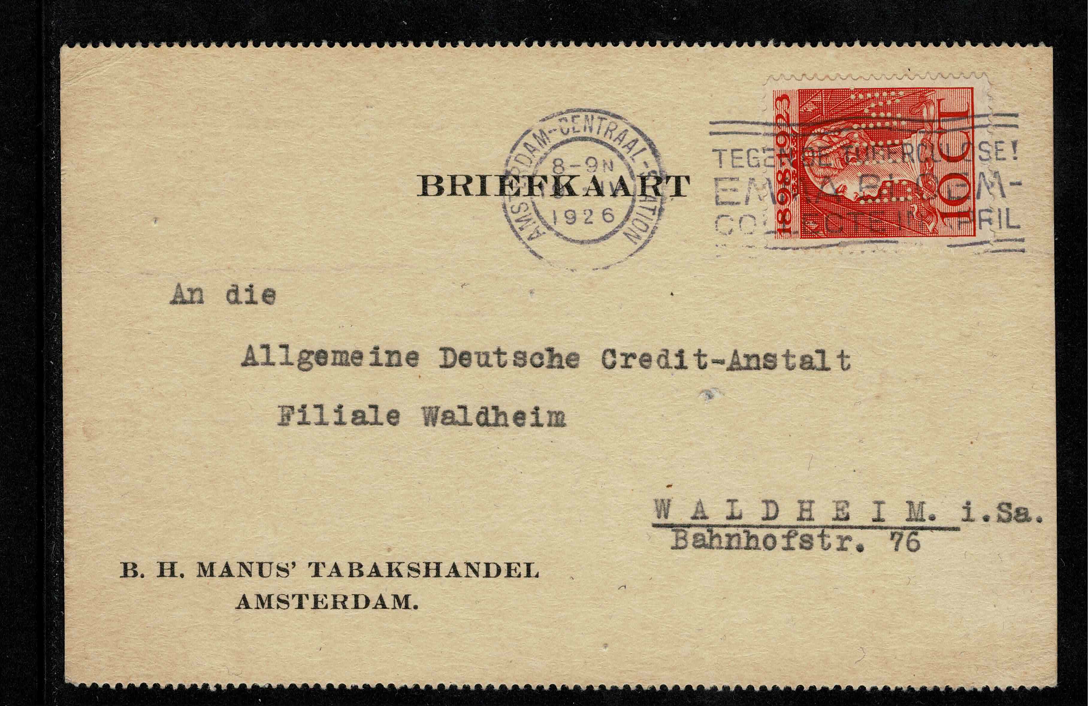 BHM B.H. Manis tabakshandel Amsterdam. Jubileum 1923