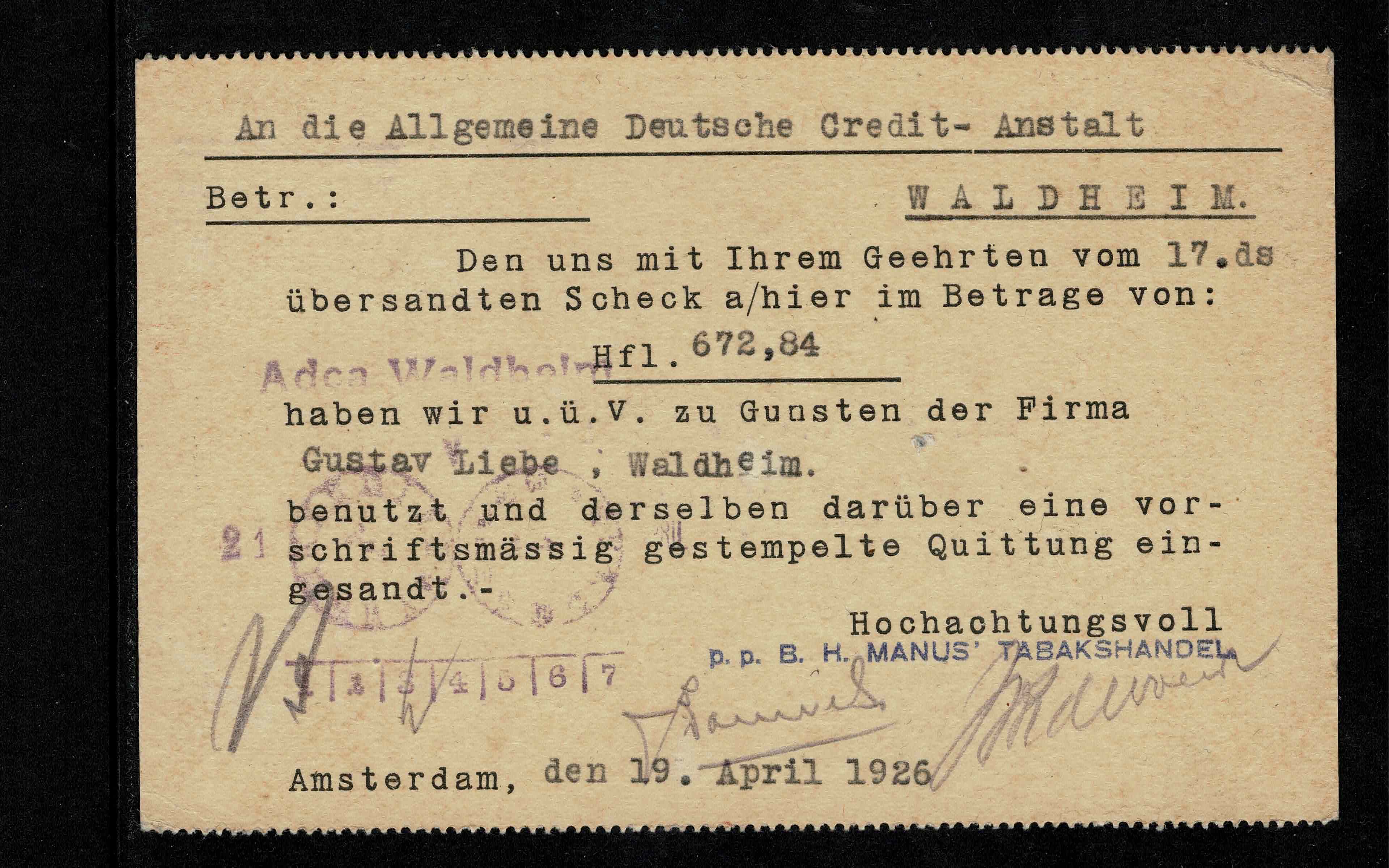 BHM B.H. Manis tabakshandel Amsterdam. Jubileum 1923