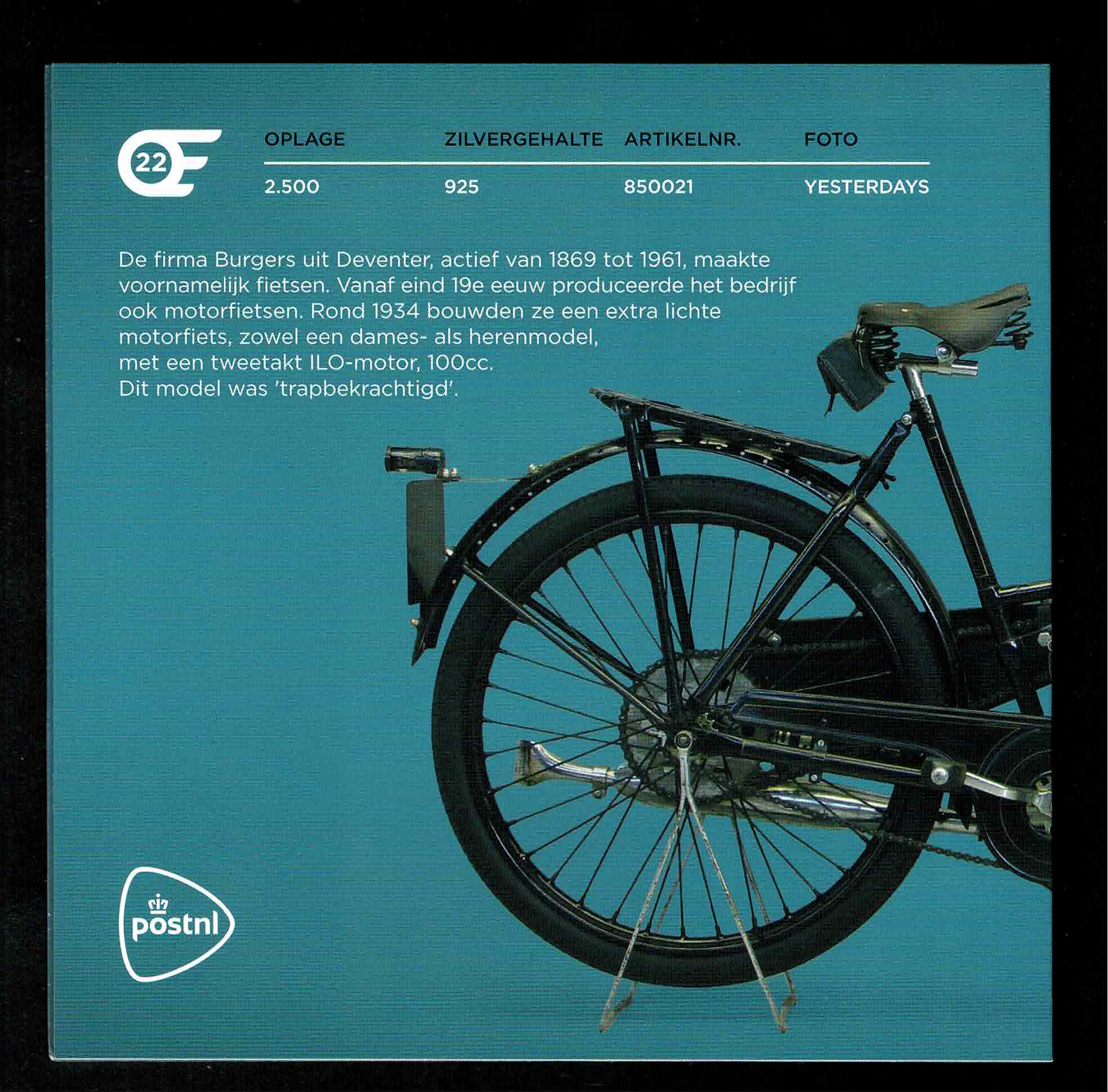 2025. Zilver zegel Burgersmotorfiets uit 1934