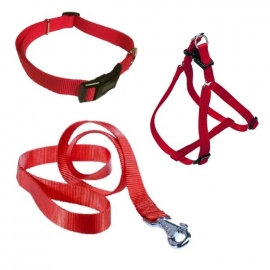Nylon loopset rood voor grote rassen (lijn+halsband+tuigje)