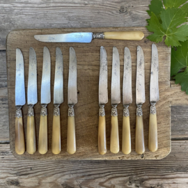 OV20111106 Set of 11 old French cheese or butter knives with beautiful, simple floral detail, marked - Lafforgue - made in the southern French village of Condom. All in beautiful, still usable condition! Size: 19.5 cm long.