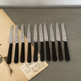 OV2011721 Set of 10 old French cheese or dessert knives with wooden (probably ebony) handle in beautiful condition! Size: 20 cm long