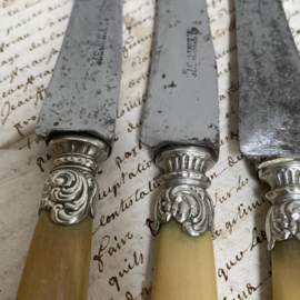 OV20110775 Beautiful set of 10 old French knives with ornate details and bone handle. Beautifully weathered and still in usable condition! Size: 25 cm. long / +/- 2cm. wide.