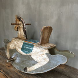 OV20110692 Old Swedish wooden rocking horse in beautiful worn colors and still usable condition! Size: 90 cm. long / 54 cm. high / 50 cm. wide Pick up only!