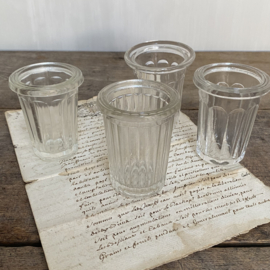 OV20110795 Set of 4 old small French mouth-blown glass honey jars in beautiful condition! Size: +/- 8.5 cm. high / 6 cm. cross section.