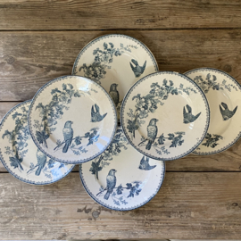 AW20111316 Set of 6 antique French deep plates stamped - Mésange Longwy period: 19th century in beautiful iron blue..some slightly stained, one minimal chip (see photo) otherwise in beautiful condition!  Size: 22,5 cm cross section.