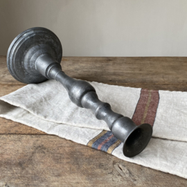 OV20110978 Antique French pewter candlestick holder. Beautiful high model, heavy duty and beautifully weathered by use. Size: 31.5 cm high / 12.5 cm cross section (base) / 5.5 cm cross section candle holder.