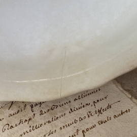 AW20110926 Antique Dutch fruit bowl stamp - Petrus Regout & Co. - period 1893. Has an old crack on the inside, partly outside (see photos 5 & 6) and old hairlines, but otherwise in beautiful buttered condition! Size: 11.5 cm. high/23.5 cm. intersection