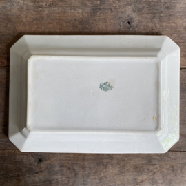 AW20111119 Antique French serving dish stamped. Beautifully buttered and beautiful condition! Size: 38.5 cm long / 26.5 cm cross section / 4.5 cm high.