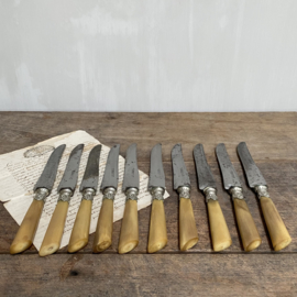 OV20110775 Beautiful set of 10 old French knives with ornate details and bone handle. Beautifully weathered and still in usable condition! Size: 25 cm. long / +/- 2cm. wide.