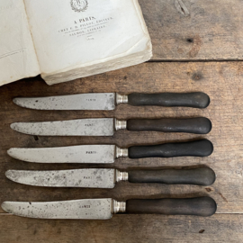 OV20110886 Set of 5 old French knives inscription - Paris - with wooden handle. Beautifully weathered and still in usable condition. Size: 24.5 cm long / 2 cm wide.