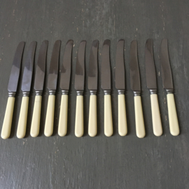 OV20110710 Set of 12 old sober Belgian dessert knives from the 1920s with probably bakelite handle. one has hairline (see photo 7), otherwise in perfect, usable condition! Size: 20 cm. long / 1.5 cm. wide.