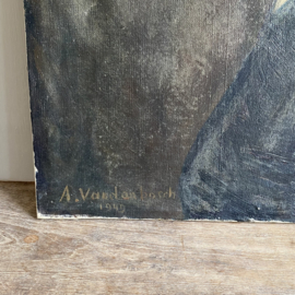 OV20110930 Oud, vermoedelijk Belgisch olieverf portret schilderij in prachtige aardse tinten gesigneerd - A. Van den Bosh 1949 - in prachtige staat! Afmeting: 40,5 cm breed /  50 cm hoog
