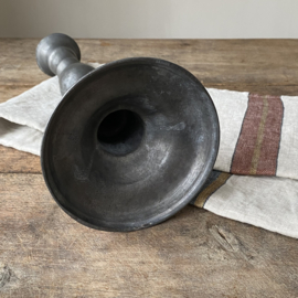 OV20110978 Antique French pewter candlestick holder. Beautiful high model, heavy duty and beautifully weathered by use. Size: 31.5 cm high / 12.5 cm cross section (base) / 5.5 cm cross section candle holder.