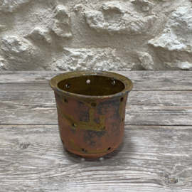 AW20111317 Old French tall cheese mold with a special green/ochre-yellow glazed interior in beautiful condition! Size: 11.5 cm high / 12 cm cross section