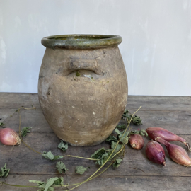 AW20111038 Grote antieke Franse pot, prachtig verweerd met mosgroen geglazuurde binnenzijde - periode: eind 19de eeuw in prachtige staat! Afmeting: 29 cm. hoog / 20 cm. doorsnede.