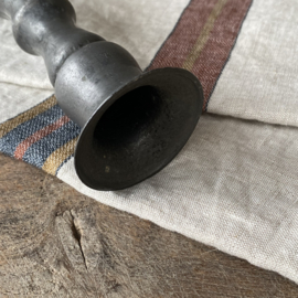 OV20110978 Antique French pewter candlestick holder. Beautiful high model, heavy duty and beautifully weathered by use. Size: 31.5 cm high / 12.5 cm cross section (base) / 5.5 cm cross section candle holder.