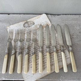 OV20110754 Old silver plated English dessert cutlery (set of 5) with subtle floral pattern and bakelite blade in beautiful condition! Dimensions: 20 cm. long