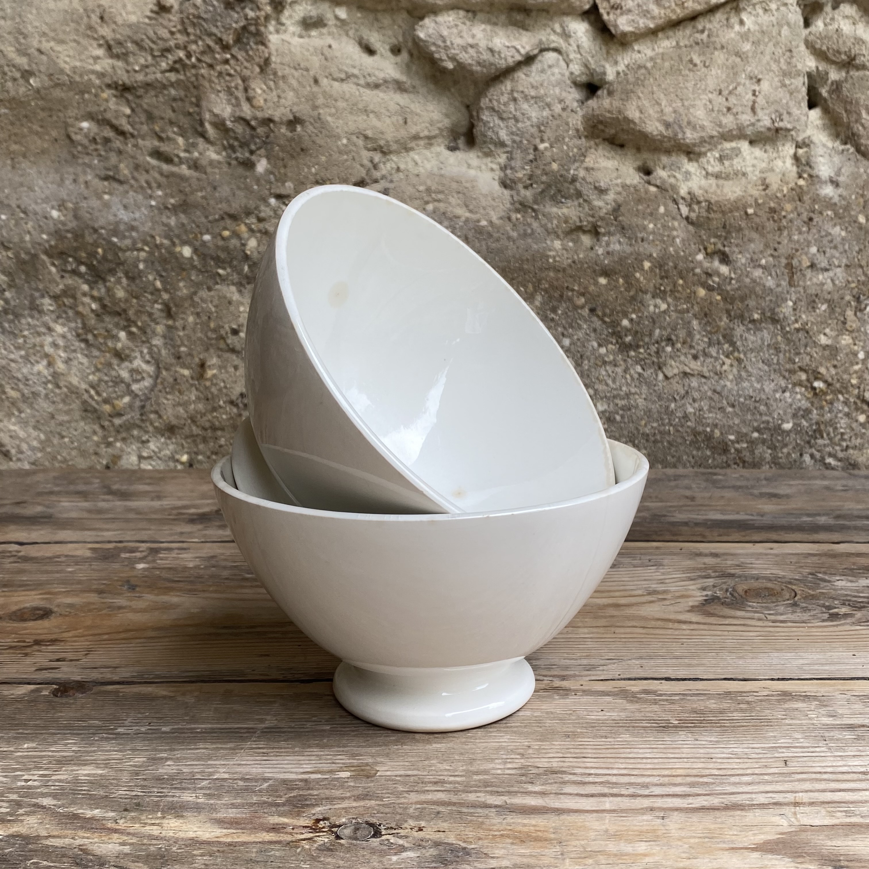 AW2011134 Set of two large, old French café au lait bowls with blind stamps in beautiful condition! Size: 9 cm high / 16 cm cross section