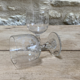 OV20111093 Set of 2 French antique wedding wine glasses "Souvenir de la Fête" made of mouth-blown glass, period: 19th century in beautiful condition! Size: 13 cm high / 7.5 cm cross section.