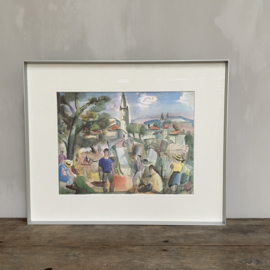 OV20110905 Unique old French watercolor signed Jean Hourrégue (1925-1983) '69 in new custom-made aluminum frame with art glass (70% UV resistant) size: 49.5 x 40.5 cm