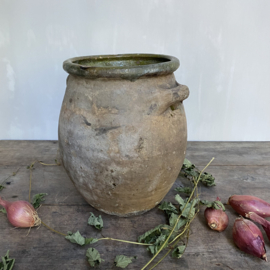 AW20111038 Grote antieke Franse pot, prachtig verweerd met mosgroen geglazuurde binnenzijde - periode: eind 19de eeuw in prachtige staat! Afmeting: 29 cm. hoog / 20 cm. doorsnede.