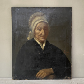 OV20110789 Antique French oil painting - old lady - signed CP Aillé 1879 in beautiful sober colours. Size: 65 cm. high / 54 cm. wide. Pick up store only..