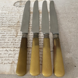 OV20110788 Set of 4 old French cheese knives from Bordeaux, stainless steel handle and beautiful honey-coloured blade, one knife is missing a small piece on the blade (see photo 6) further in good condition! Size: 24 cm long.