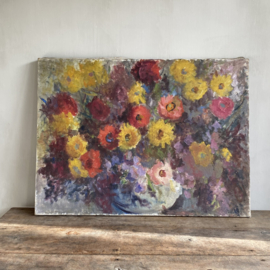 OV20110977 Oud Frans olieverf bloemen schilderij in prachtige bestorven kleuren en in prachtige staat! Afmeting: 73 x 54 cm Alleen ophalen  in winkel!