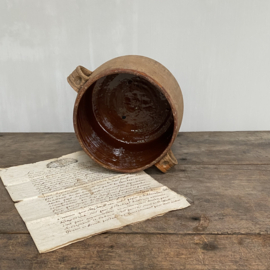 AW20110982 Old French rustic earthenware cooking pot. Beautifully aged, but still in perfect condition! Size: 13.5 cm. high / 14.5 cm. cross section