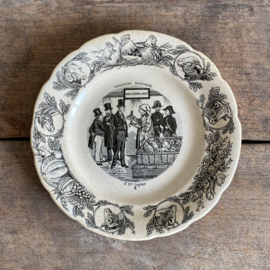 AW20111076 Set van 5 antieke Franse spotprent bordjes - Concours Regional -  stempel -  Hte  Boulenger & Cie Choisy le Roi -  periode: vanaf 1875 in prachtige en beboterde staat! Afmeting: 19 cm. doorsnede
