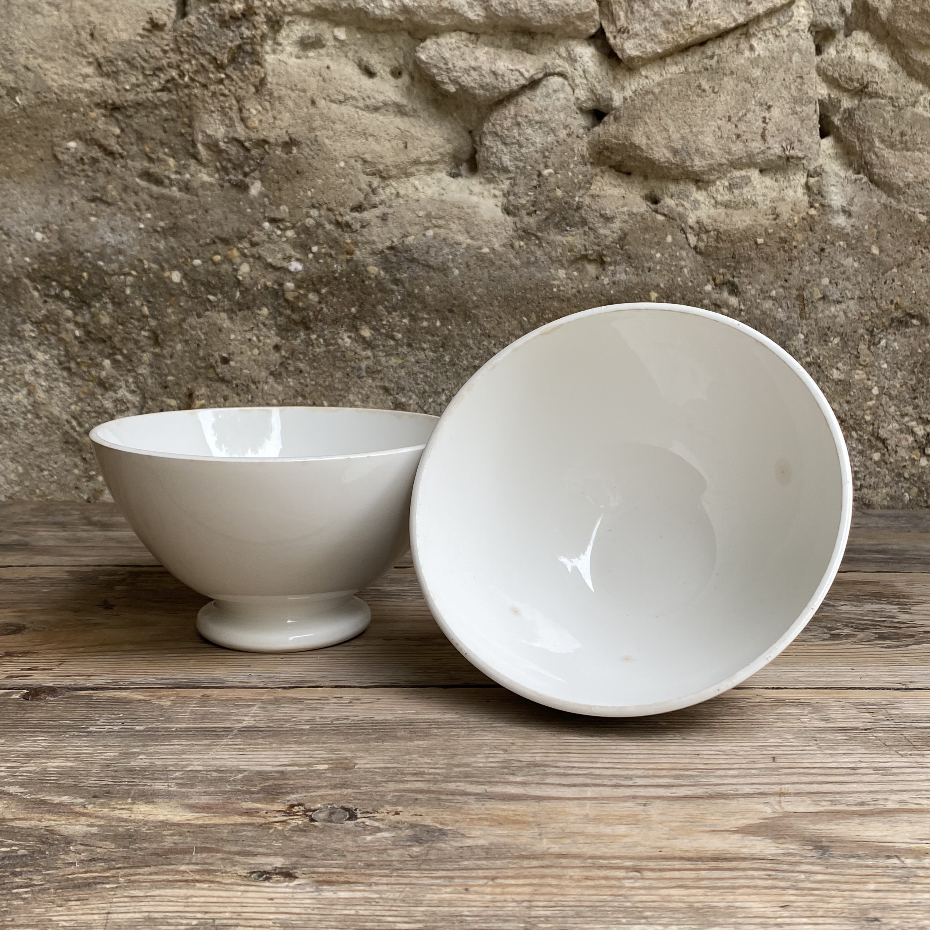 AW2011134 Set of two large, old French café au lait bowls with blind stamps in beautiful condition! Size: 9 cm high / 16 cm cross section