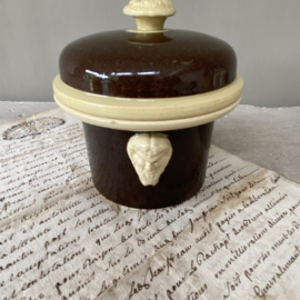 AW20110376 Late 19th century French paté pot in deep dark brown and pale yellow size: 12 in perfect condition! Size: 7.5 cm. high / 10 cm. cross section.
