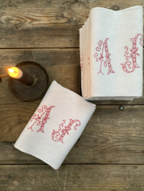 LI20110043 Set of 8 old French damask napkins with embroidered monogram - A. F. - size: 74 x 63 cm in perfect condition!