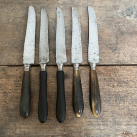 OV20110890 Set of 5 different old French knives with wooden and bone handles. Beautifully weathered and still in usable condition! Size: 24 cm long / 2 cm wide