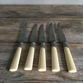 OV20110660 set of 5 old French knives with bakelite handle and beautiful details, probable period - Art Nouveau 1890-1914 in beautiful condition! Dimensions: 24.5 cm. long. / 2 cm. wide