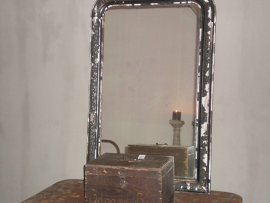 OV 20110114 Old French mirror with beautiful black wooden framework with shabby plaster ornaments, dimensions: +/- 1 meter. high and 68 cm. Wide pick up or delivery (for a fee).