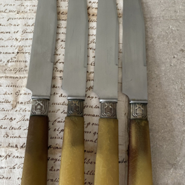 OV20110788 Set of 4 old French cheese knives from Bordeaux, stainless steel handle and beautiful honey-coloured blade, one knife is missing a small piece on the blade (see photo 6) further in good condition! Size: 24 cm long.