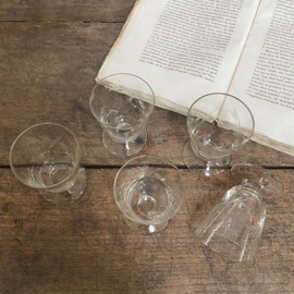 OV20110887 Set of 5 old French liqueur glasses with sober etched motif period: 1920s in beautiful condition! Size: +/- 7.5 cm high / +/- 5.5 cm cross section.